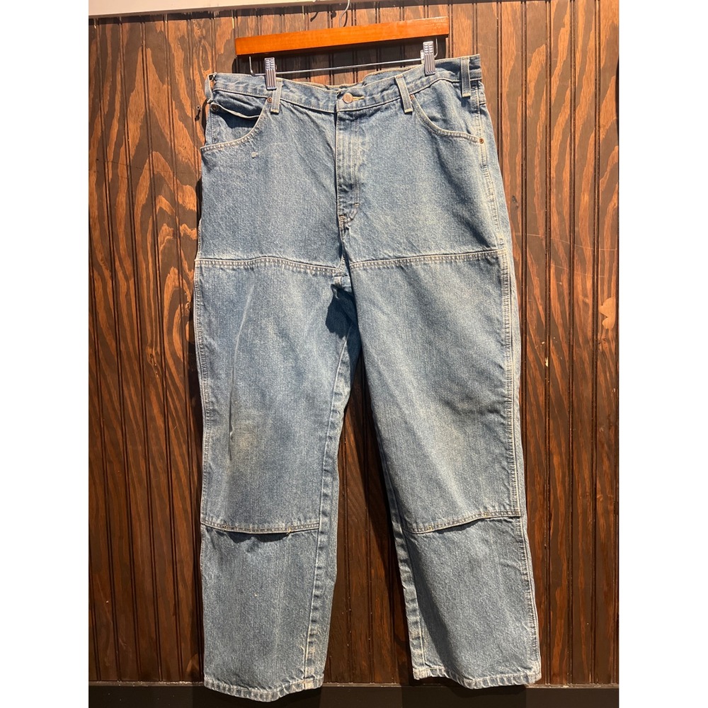 Vintage Wrangler Rugged Wear Double Knee Work Jeans Light Wash 36x28 USA Made